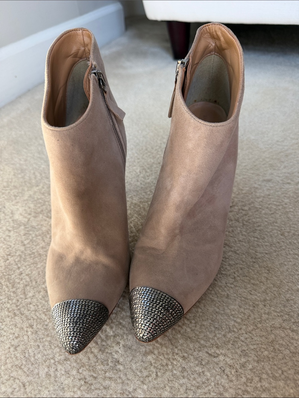 Zara Taupe Suede Ankle Booties with Metallic Textured Cap